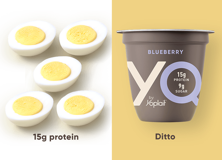 Eggs = 15g protein; Single serving YQ yoghurt = Ditto
