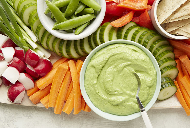 green goddess dip with a veggie tray